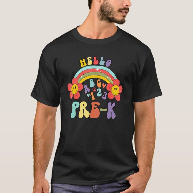 Camiseta Groovy Hello Pre K Vibes Retro Professor De Volta  (Frente)