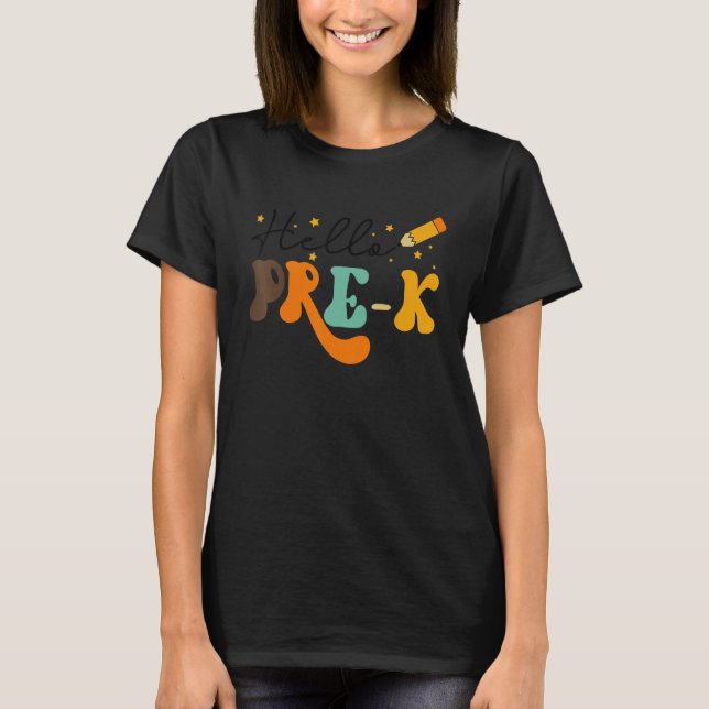 Camiseta Groovy Hello Pre K Vibes Retrorista Professores Cr (Frente)
