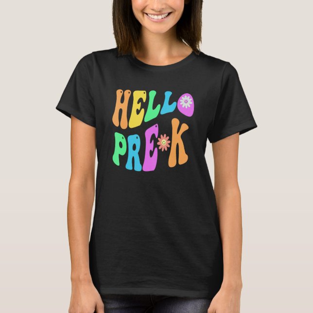 Camiseta Groovy Hello Prek Professora Purple Pre K Retro (Frente)