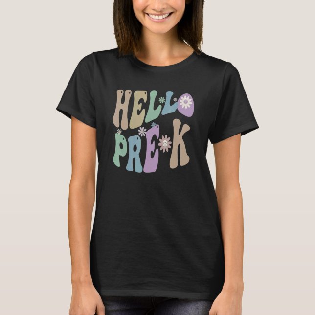 Camiseta Groovy Hello Prek Professora Purple Pre K Retro (Frente)