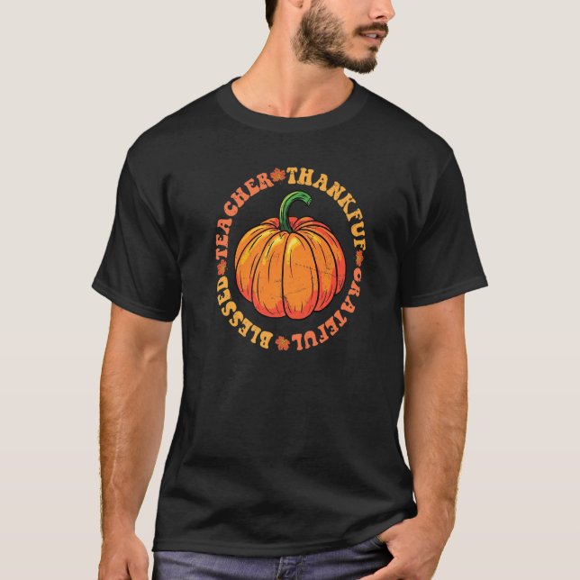 Camiseta Groovy Hippy Teacher Thankful Grateful Blessed Fal (Frente)