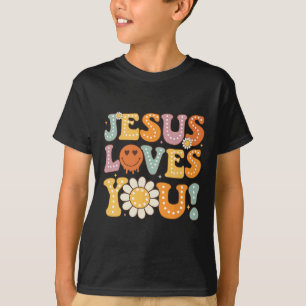 Camiseta Groovy Jesus ama Vocês Crianças Mulheres Fé Religi