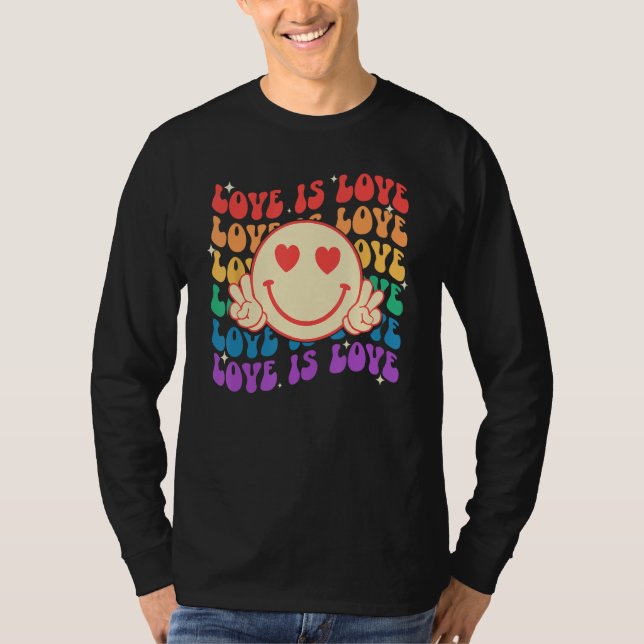 Camiseta Groovy Love Is Love Hippie Face Rainbow LGBT Gay A (Frente)