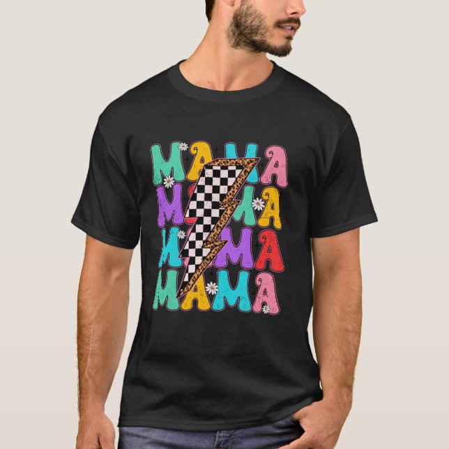 Camiseta Groovy Mama Checked Lightning Bolt Feliz Mães (Frente)