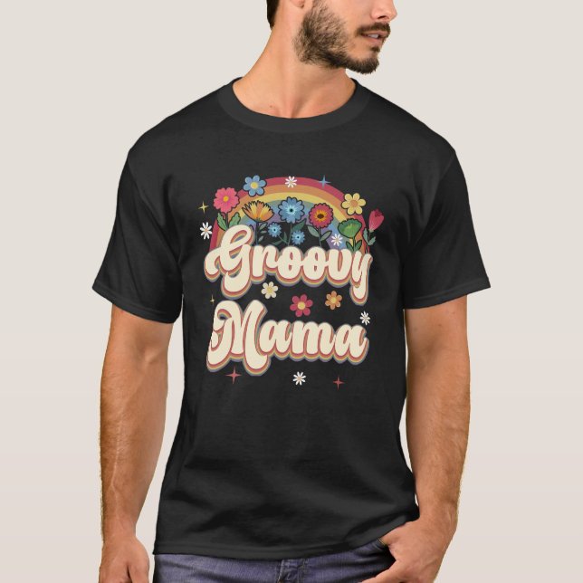 Camiseta Groovy Mama Retro Hippie Sinal de Paz Mães Florais (Frente)