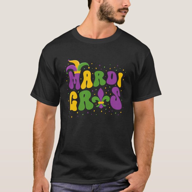 Camiseta Groovy Mardi Gras Purple Yellow Green Beads Mask F (Frente)