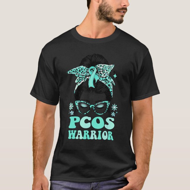 Camiseta Groovy Messy Bun Leopard Teal Ribbon PCOS Warrior (Frente)