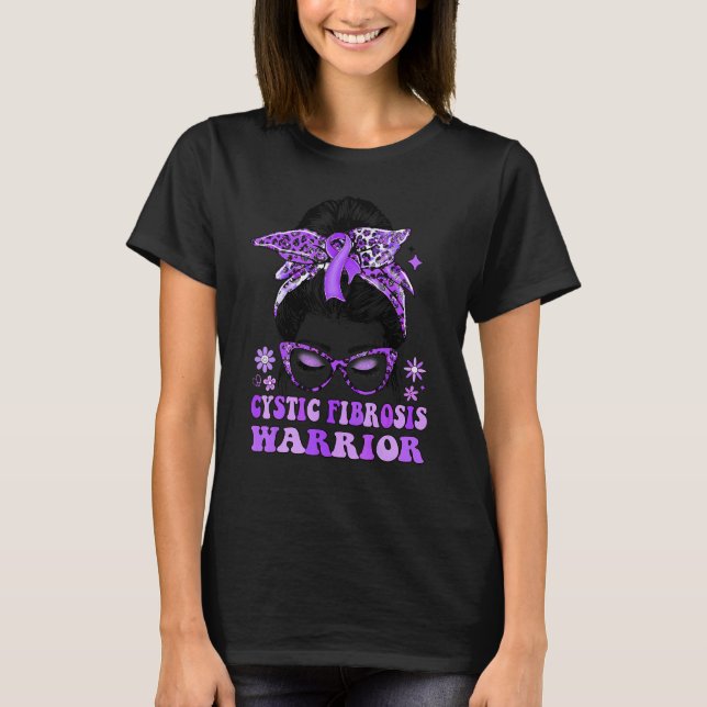 Camiseta Groovy Messy Bun Purple Ribbon Cystic Fibrosis War (Frente)
