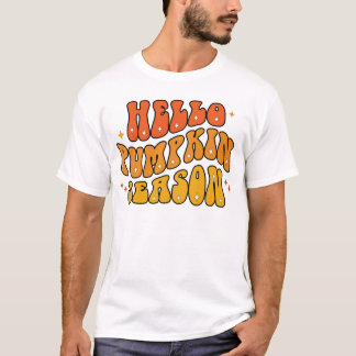 Camiseta Groovy Olá Temporada da Abóbora Brilho Outono Retr