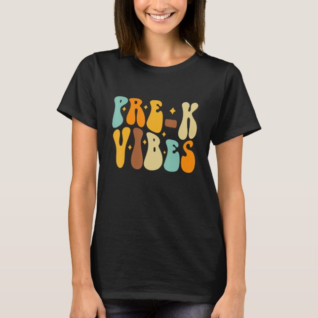 Camiseta Groovy Olá Vibes Pré K Retro Professores Crianças  (Frente)
