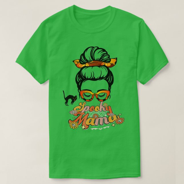 Camiseta Groovy One Spooky Mama Messy Bun Women Bruxa Mãe H (Frente do Design)
