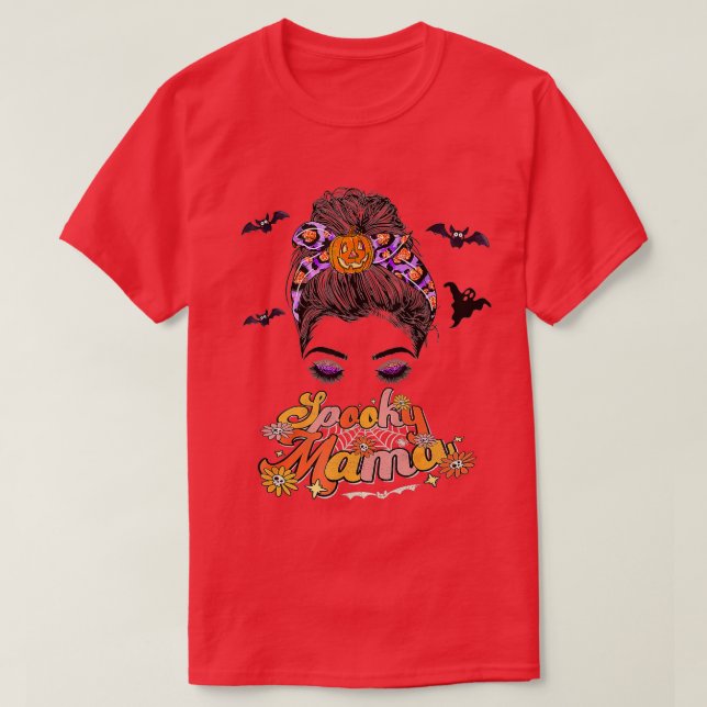 Camiseta Groovy One Spooky Mama Messy Bun Women Bruxa Mãe H (Frente do Design)