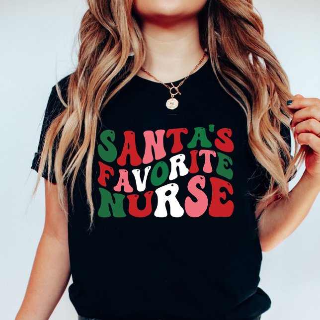 Camiseta Groovy Papais noeis favoritos Enfermeira Natal Pre (Groovy Santa's Favorite Nurse Christmas Black T-Shirt)
