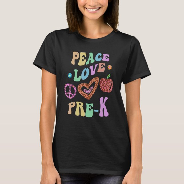 Camiseta Groovy PEACE LOVE PRE K Leopard Imprima Pré-K Prof (Frente)