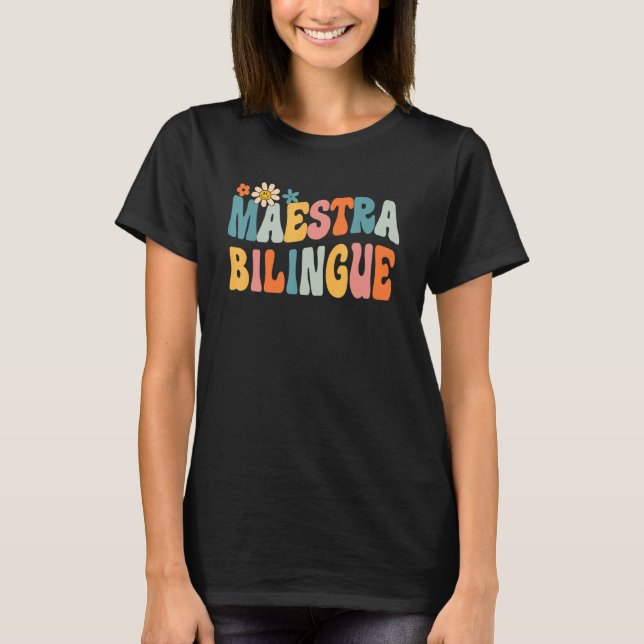 Camiseta Groovy Professora Bilíngue Professora de Espanhol  (Frente)