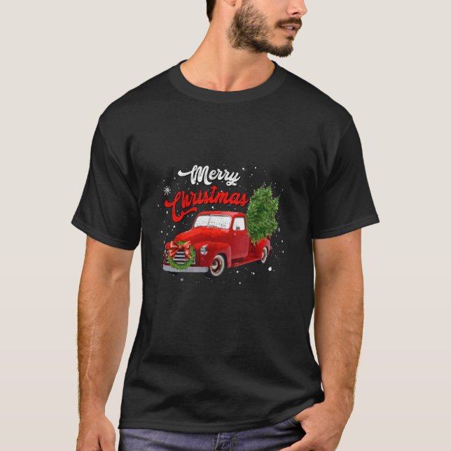 Camiseta Groovy Retro Christmas Tree Classic Old Red Truck (Frente)