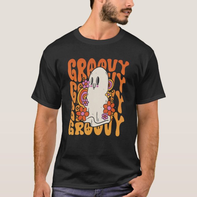 Camiseta Groovy Retro Ghost Floral 60s e 70s Estilado Hallo (Frente)