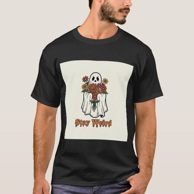 Camiseta Groovy Retro Ghost with Flowers "Stay Weird" Spook (Frente)