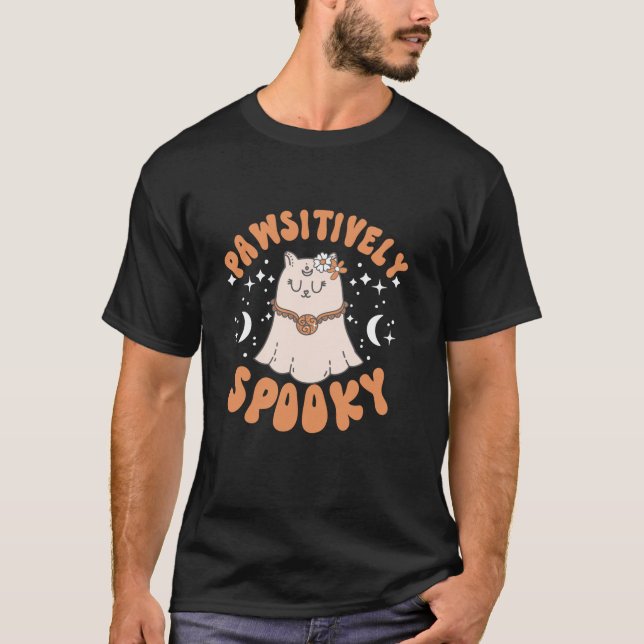Camiseta Groovy Retro Halloween Ghost Cat Long Sleeve T Shi (Frente)