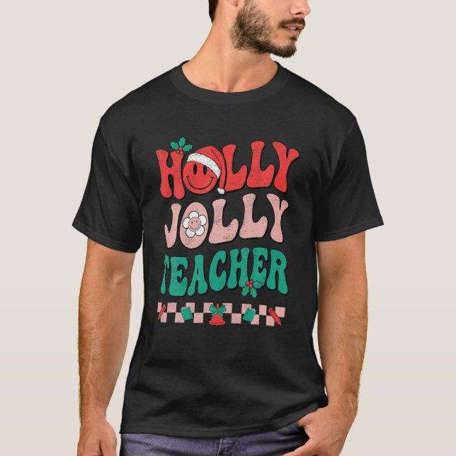 Camiseta Groovy Retro Holly Xmas Jolly Professora Natal Vi (Frente)