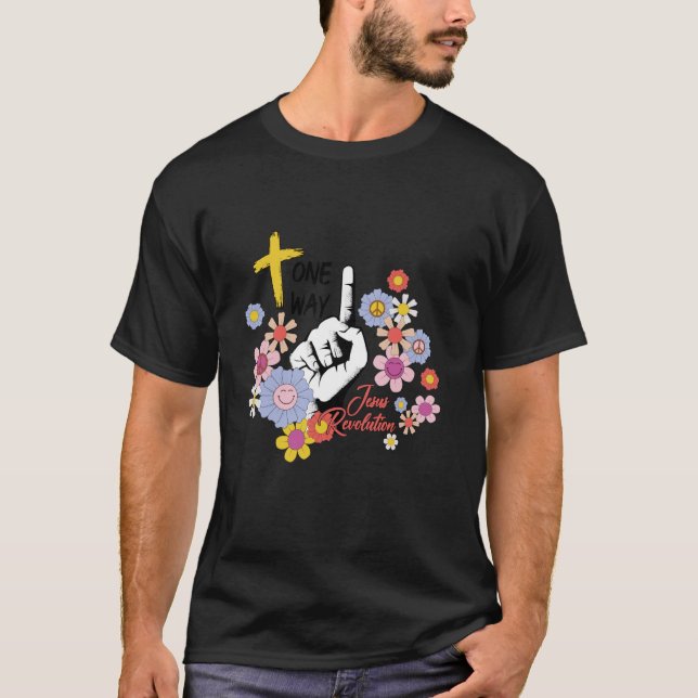 Camiseta Groovy Retro Jesus Revolução Hippie Flores Um W (Frente)