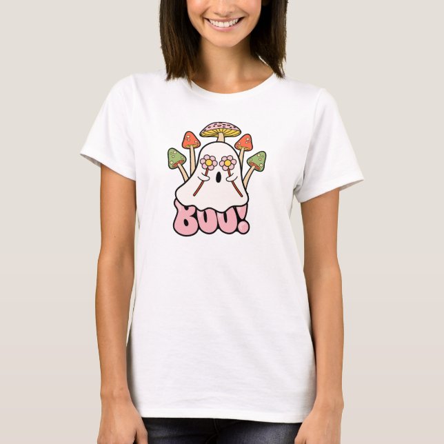 Camiseta Groovy Retro Mashroom Halloween Boo Ghost Cute (Frente)
