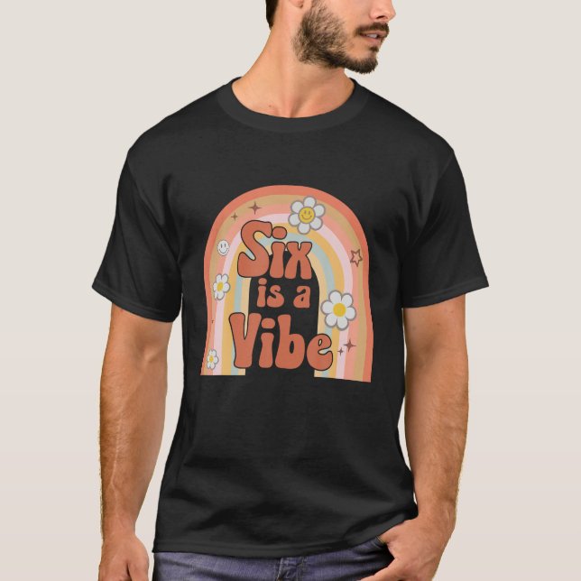 Camiseta Groovy Seis É Uma Vibe Rainbow Birthday Kids Gi (Frente)