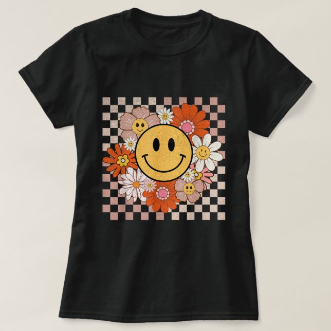 Camiseta Groovy Smile Feliz Flores De Rosto Verificadas Hip (Frente do Design)