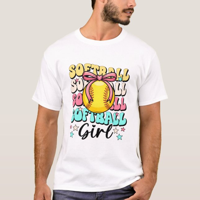 Camiseta Groovy Softball Girl Girls Coquette Bow Softball W (Frente)