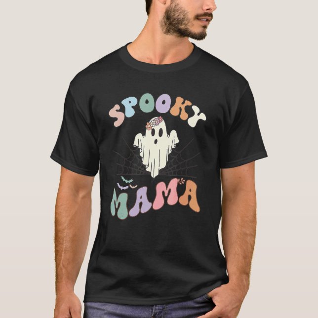 Camiseta Groovy Spooky Mama Retro Halloween Ghost Witchy Sp (Frente)
