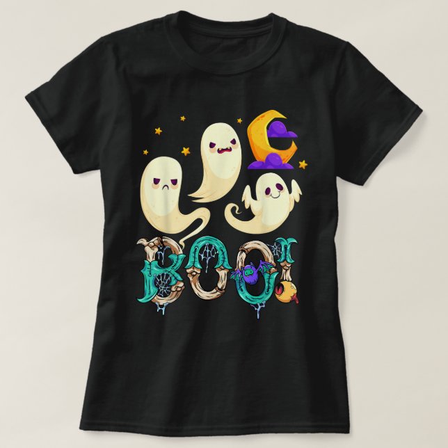 Camiseta Groovy Spooky Season Cute Ghost Segurando Pumpkin  (Frente do Design)