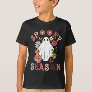 Camiseta Groovy Spooky Season Cute Ghost Segurando Pumpkin
