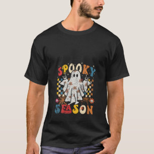Camiseta Groovy Spooky Season Cute Ghost Segurando Pumpkin