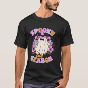Camiseta Groovy Spooky Season Retro Ghost Segurando Pumpkin