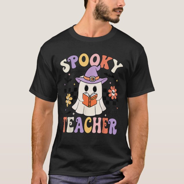 Camiseta Groovy Spooky Teacher Ghost Retro Floral Teacher H (Frente)