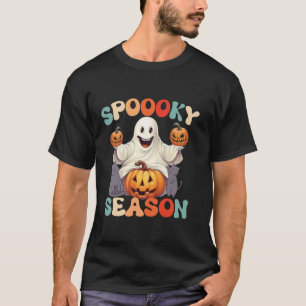 Camiseta Groovy Spooky temporada Ghost segurando abóbora Ca