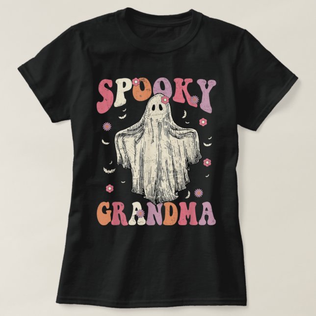 Camiseta Groovy Spooky Vovó Fantasma Flor Retro Halloween (Frente do Design)