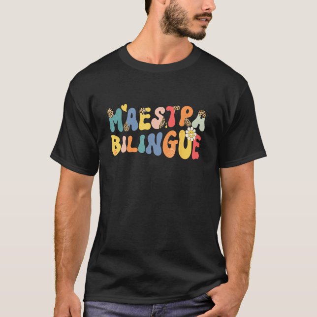 Camiseta Groovy Style Maestra Bilingue  Spanish Teacher (Frente)