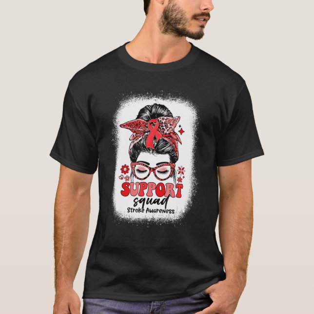 Camiseta Groovy Support Squad Messy Bun Stroke Awareness (Frente)