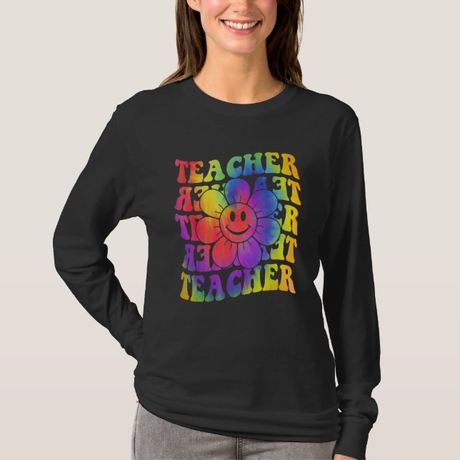 Camiseta Groovy Teacher Cute Daisy Tie Dye Happy Back To Sc (Frente)