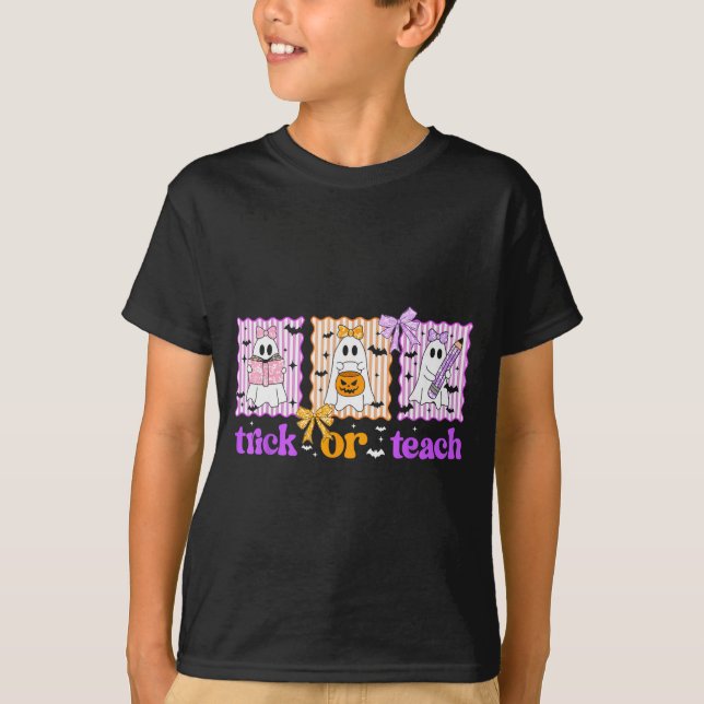 Camiseta Groovy Teacher Halloween Trick Or Teach Ghost Men  (Frente)