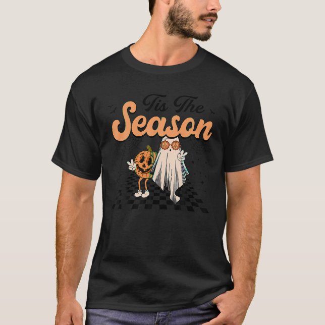 Camiseta Groovy Tis The Season Pumpkin Floral Ghost Hippie (Frente)