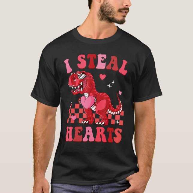 Camiseta Groovy Valentine Day I Steal Hearts Dinosaur Coupl (Frente)
