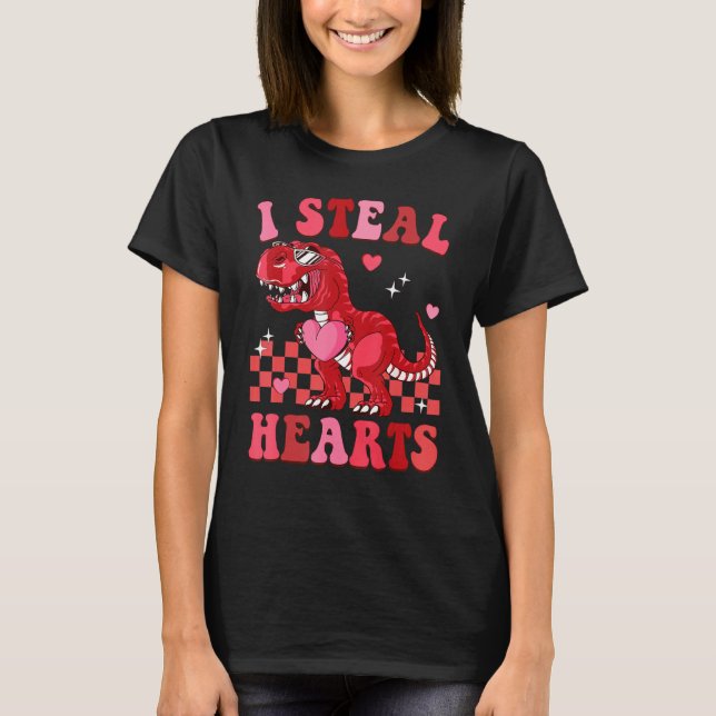 Camiseta Groovy Valentine Day I Steal Hearts Dinosaur Coupl (Frente)