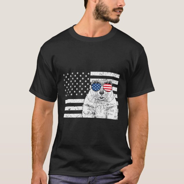 Camiseta Groundhog Dia 4 De Julho Animal Eua Bandeira Ameri (Frente)