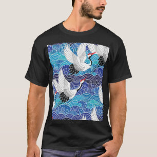 Camiseta Grua Japonesa: Padrão de Aves Ornamentados.