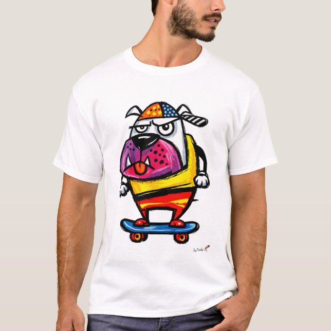 Camiseta Grumpy Bulldog on Skateboard Cartoon T-Shirt (Frente)