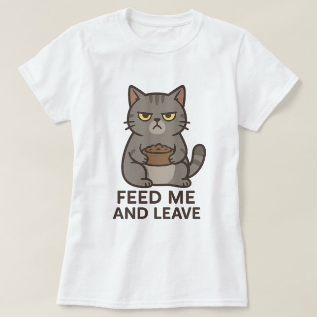 Camiseta Grumpy Cat “Feed Me and Leave” Funny T-Shirt (Frente do Design)