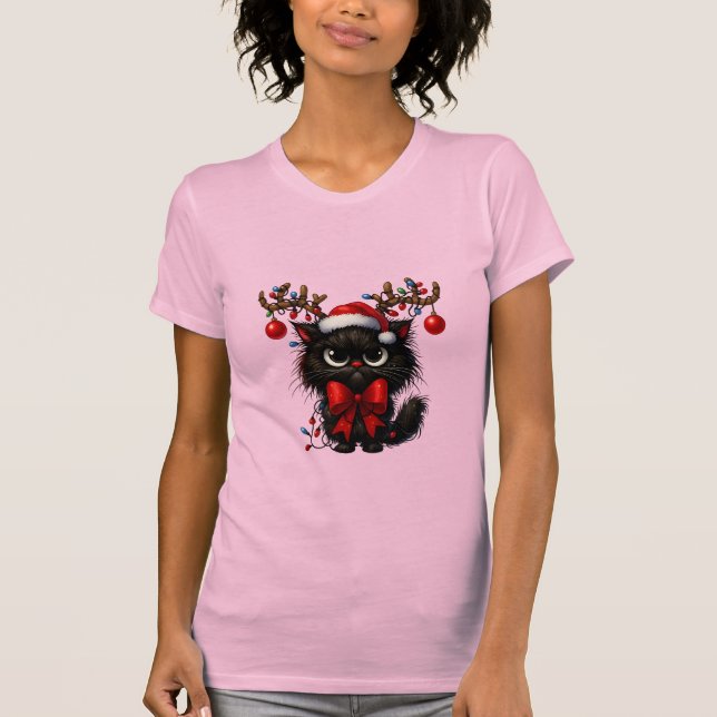 Camiseta Grumpy Christmas Cat with Santa Hat and Antlers (Frente)