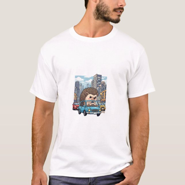 Camiseta Grumpy Hedgehog Road Rage Driving Blue Car in City (Frente)